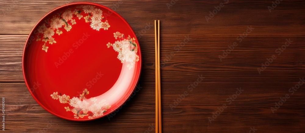 Poster red ceramic plate with floral design beside wooden chopsticks on a rustic wooden background, creatin