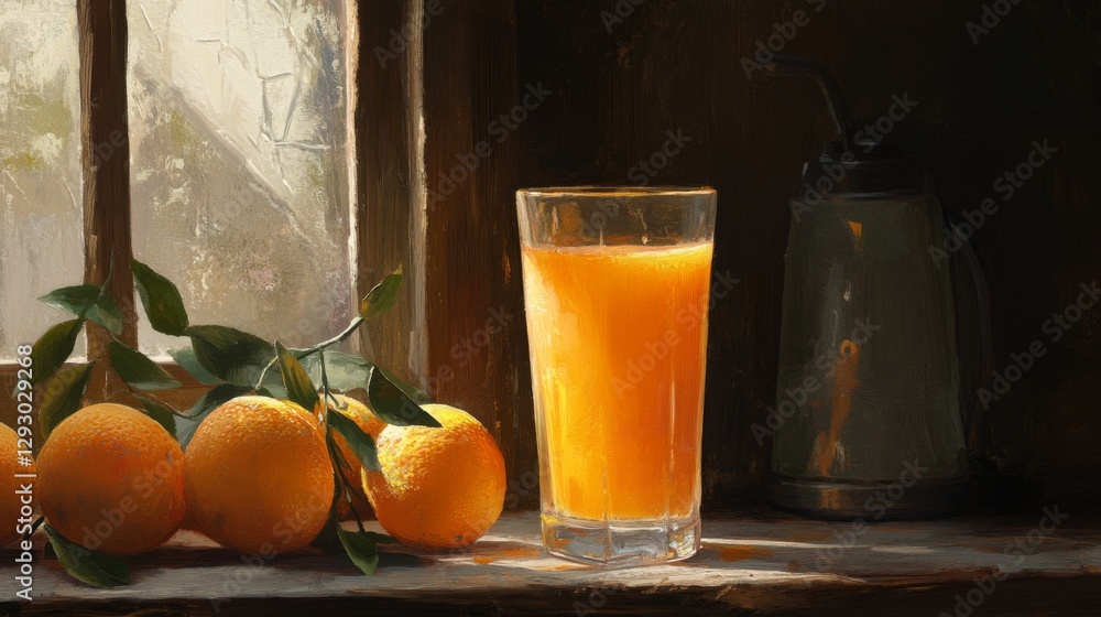 Poster a glass of freshly squeezed orange juice sitting on a rustic wooden table, with a few whole oranges 