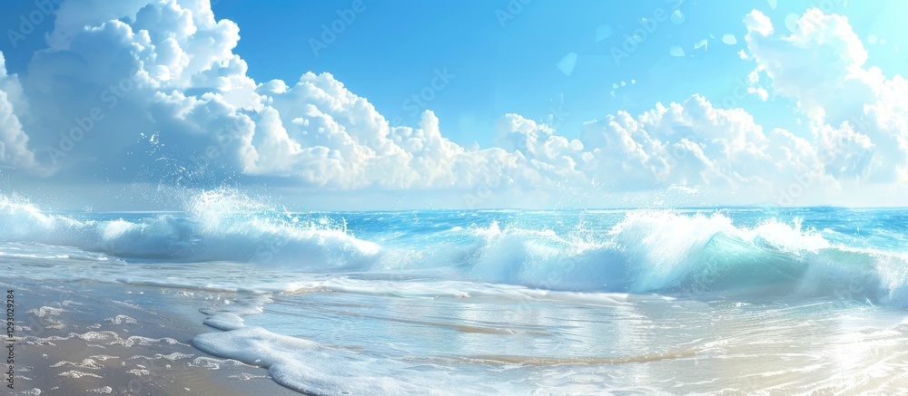 Fototapete Tranquil beach scene featuring azure sky and foamy waves in soft focus with gentle sandy shore ideal for text overlay and copy space usage