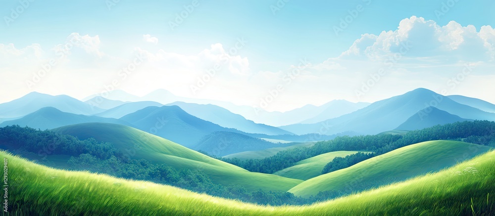 Aufkleber vibrant rolling hills under a warm summer sky with bright green grass in the foreground and soft blu