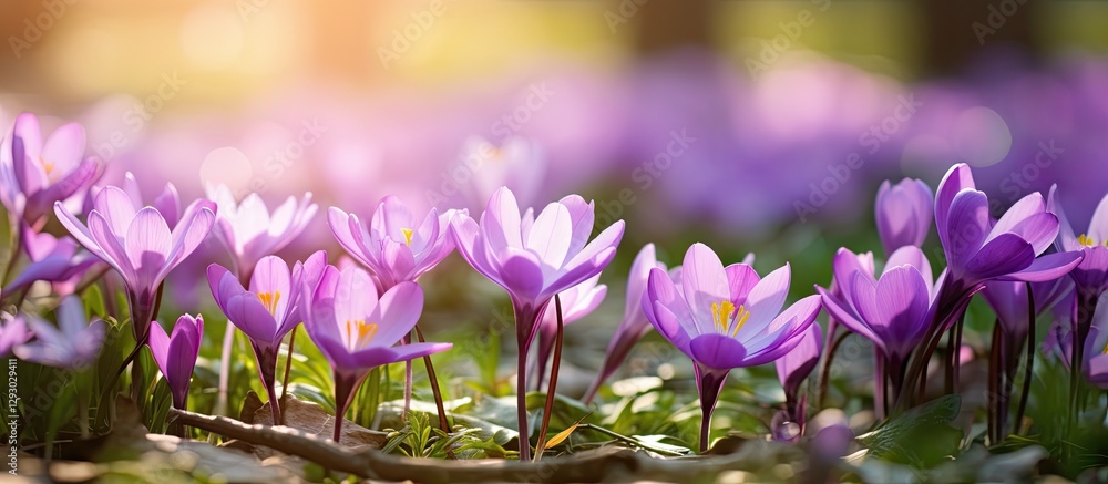 Aufkleber Vibrant spring garden scene with clusters of delicate purple Jeffersonia flowers in soft sunlight creating a serene atmosphere with abundant green foliage.