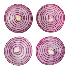 Set of delicious sliced purple onion rings, isolated on transparent cutout background