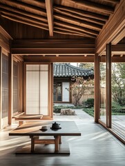 Fototapeta premium A beautiful Asian tea room displays a beautiful view of the gardens
