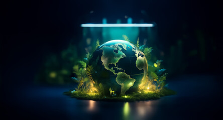 Obraz premium Luminous globe showing continents is encircled by vibrant green plants and bright lights, set against a dark backdrop with a faint blue light.