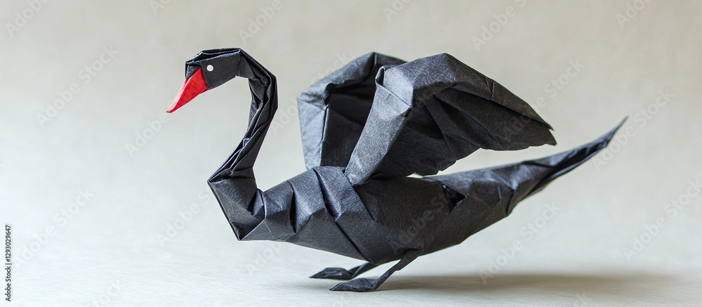 Aufkleber origami black swan with red beak positioned on the left side against a soft white backdrop showcasin