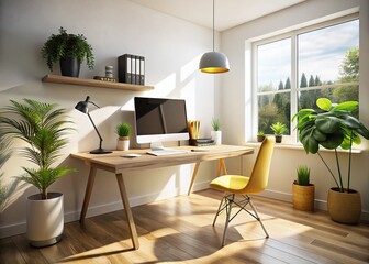 Fototapeta premium Elegant Modern Workspace: Stylish Desk & Tech in Bright Room