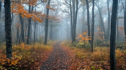 Obraz premium A mystical woodland, autumn colors muted by the rolling fog.
