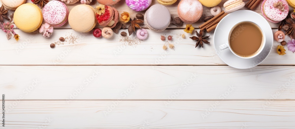 Poster delightful array of colorful macaroons, pastries, and a coffee cup on a white wooden table with ampl