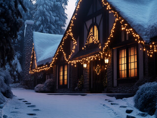 picturesque snowy village with charming cottage adorned with festive lights, creating warm and inviting atmosphere