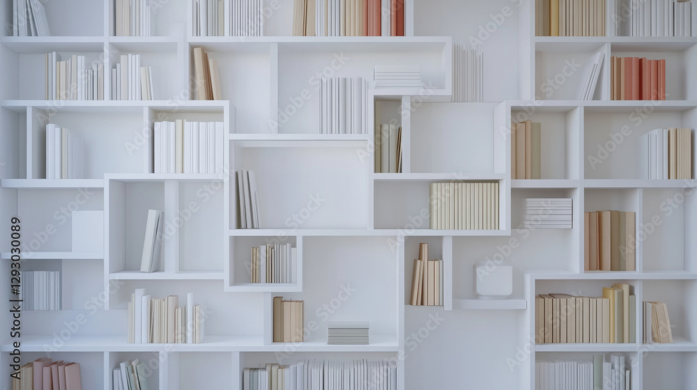 Poster modern scandinavian style bookshelf filled with various books in neutral tones, creating minimalist 
