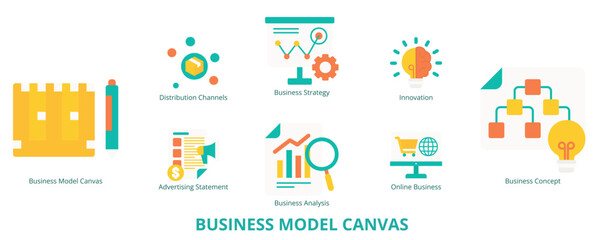 Business Model Canvas Flat Banner Web Icon Set Vector Illustration, Distribution Channels Business Model Canvas Strategy Innovation Analysis Concept Advertising Statement Online