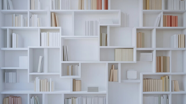 Fototapeta modern Scandinavian style bookshelf filled with various books in neutral tones, creating minimalist and organized look