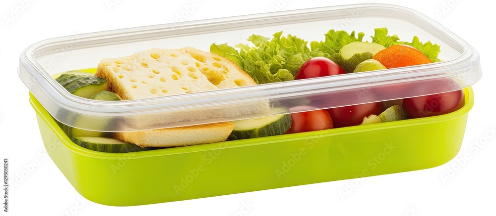 Aufkleber fresh green lunch box filled with sandwich, assorted vegetables, and cherry tomatoes on a white back