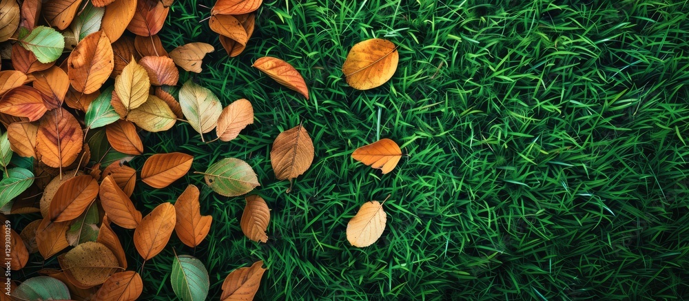 Poster dry orange and brown leaves scattered on vibrant green grass with ample copy space on the top left f