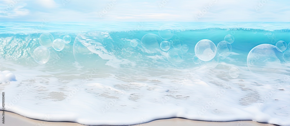 Aufkleber tranquil beach scene with gentle waves and bubbles in soft turquoise and white colors creating ample