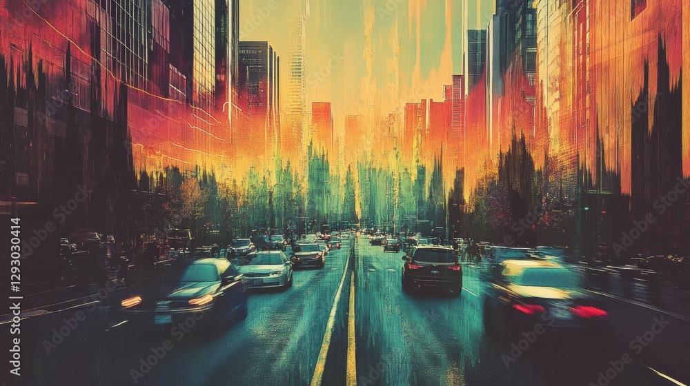 Aufkleber busy urban road filled with vehicles surrounded by colorful abstract sound wave visualization. gener