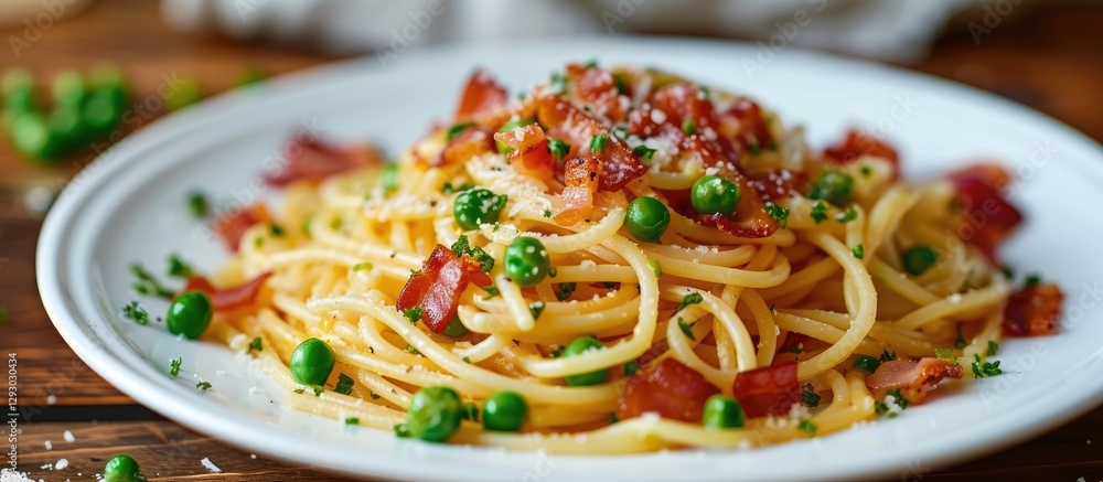 Aufkleber Plate of spaghetti pasta topped with crispy bacon and vibrant green peas arranged elegantly on a rustic wooden table with ample copy space