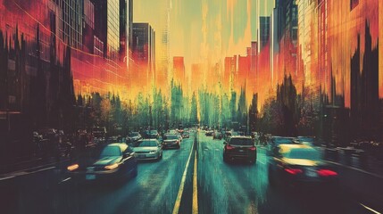 Busy urban road filled with vehicles surrounded by colorful abstract sound wave visualization. Generative AI