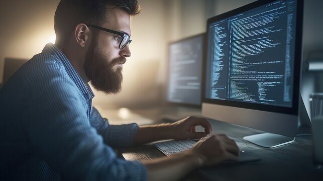 Focused Programmer Working Late on Computer Code