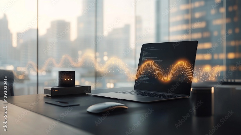 Aufkleber a modern workspace featuring a sleek laptop connected to a wi-fi router, with visual representations