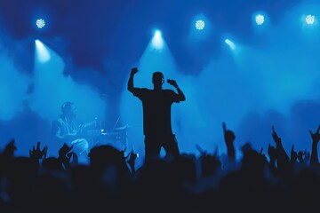 Fototapeta premium Silhouette of rap singer on concert stage. Bright blue wallpaper with hip hop artist on festival