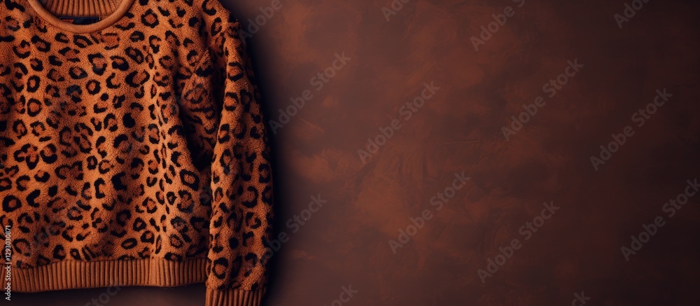 Poster leopard print sweater texture displayed on a rustic brown background featuring dark and light brown 