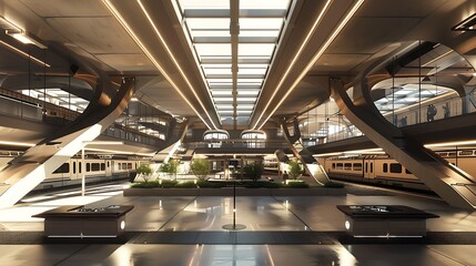 Modern Train Station Interior with Sleek Design and Natural Light Flowing Through Architecture
