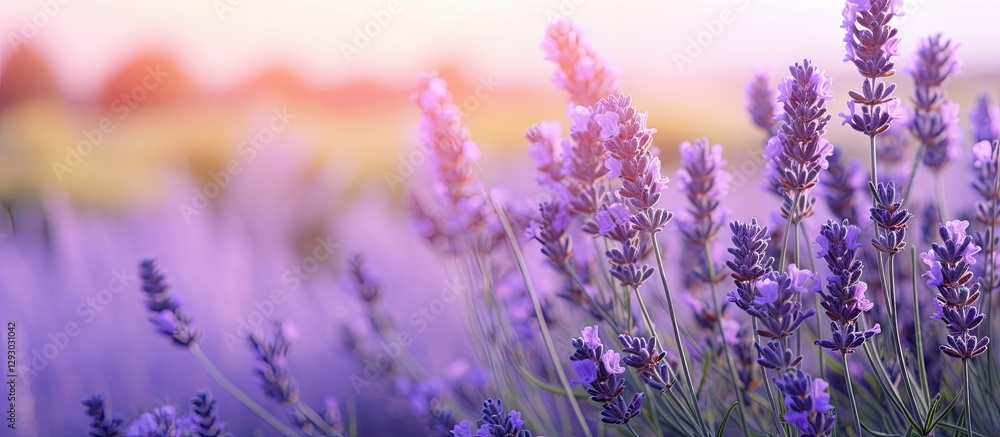 Poster purple lavender wildflowers in soft sunlight with blurred green background showing clusters of flowe