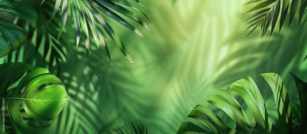 Aufkleber vibrant green tropical foliage with varied palm leaves casting shadows in a blurred lush jungle back