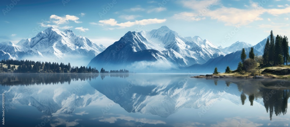 Poster panoramic view of snow-capped mountains reflecting on a serene lake surrounded by lush greenery unde