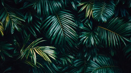 Dark Green Tropical Palm Leaves Lush Foliage Texture Background