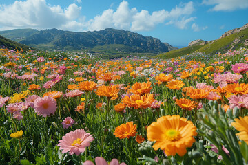 Fototapeta premium Vibrant floral tapestry cascading across verdant hills under azure skies