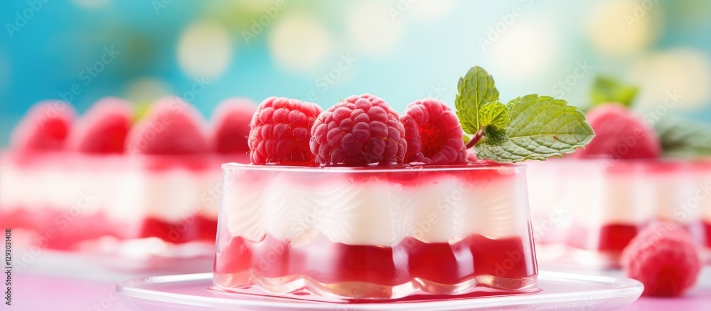 Poster colorful layered raspberry mousse dessert with mint garnish, prominently featuring vibrant red and w