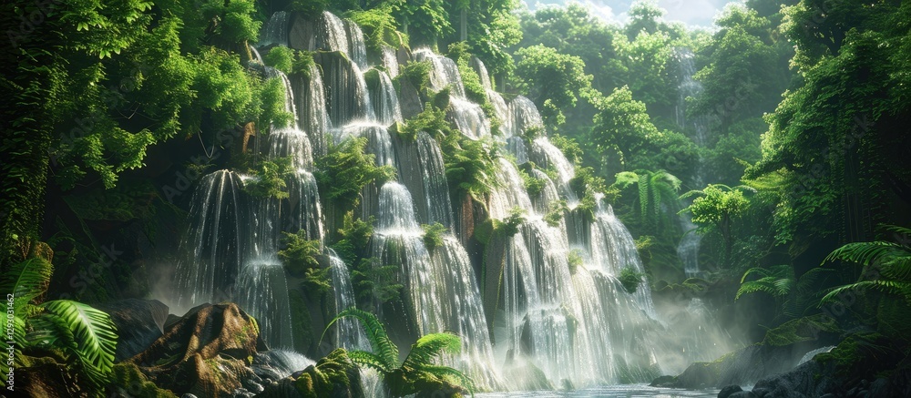 Aufkleber Lush green trees frame a cascading waterfall amidst mist with vibrant sunlight illuminating the scene ideal for a peaceful copy space layout.