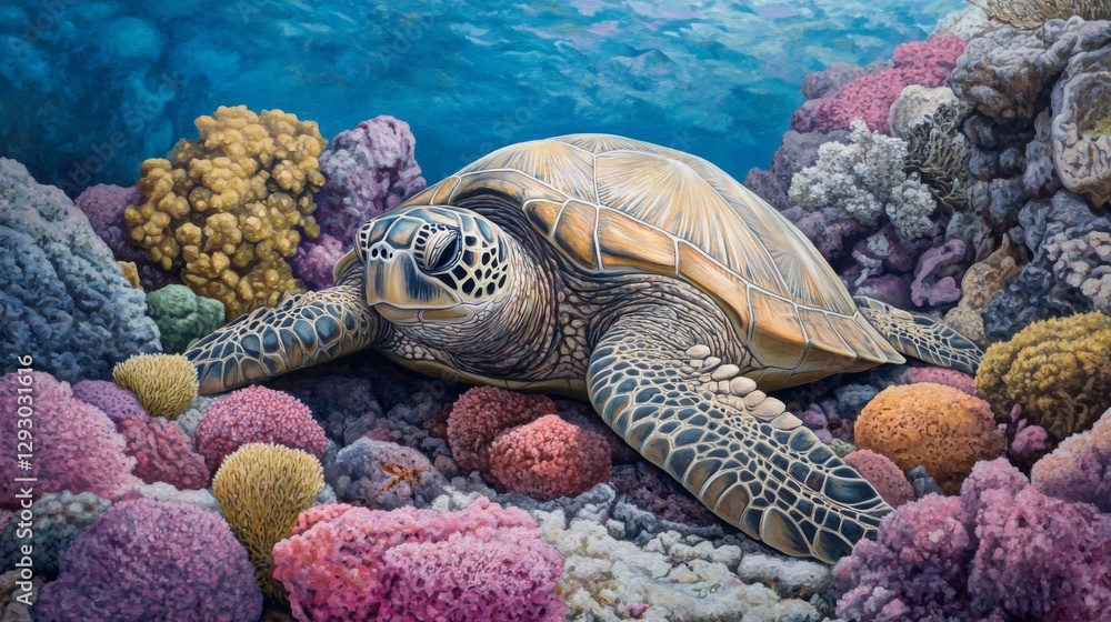 Poster a peaceful image of a sea turtle resting on a rocky seabed, with soft corals and colorful sponges su