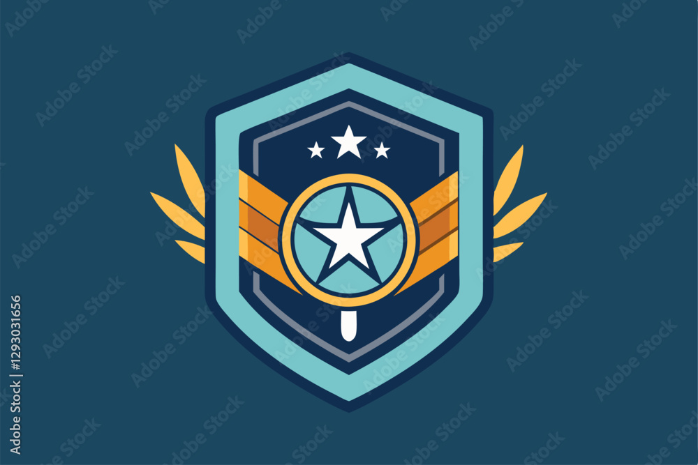 Poster This unique emblem showcases a central star with wings and three smaller stars above it, all in a minimal style, Create a minimalistic emblem capturing the essence of friendliness
