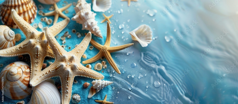 Poster nautical arrangement of starfish and seashells in cream and beige tones on a blue background with so