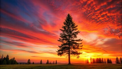 A serene forest with a majestic Weisse Tannen tree against a vibrant red sky at sunset, scenery, leaves,  scenery