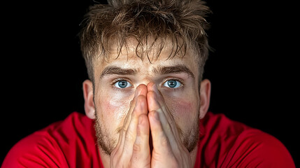 Sweaty man, worried expression, dark background, close-up portrait, ideal for stress, anxiety, or sports themes