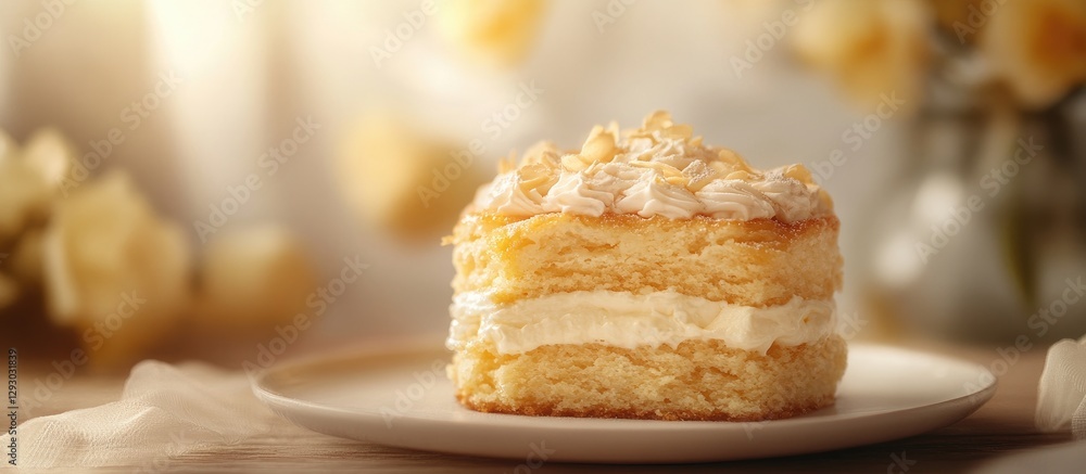 Poster delicious layered napoleon cake with cream and light pastry on a neutral plate, soft pastel backgrou