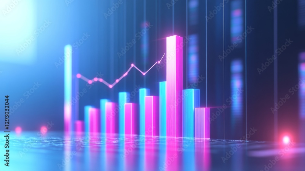 Fototapete a professional d bar chart in soft gradient tones, with bars rising upwards and data lines overlaid,