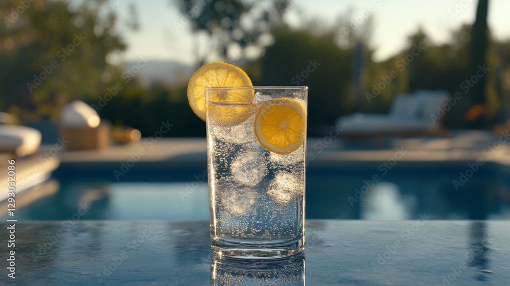 Aufkleber A refreshing glass of fizzy soda garnished with citrus slices, sitting on a poolside table with a blurred background of a sunny day.