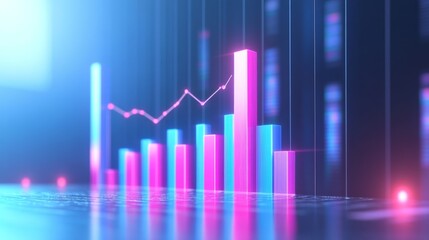Fototapeta premium A professional D bar chart in soft gradient tones, with bars rising upwards and data lines overlaid, set in a minimalist digital environment.
