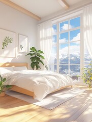 A clean sunny bedroom with a large scenic view