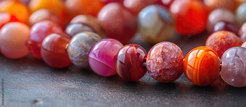 Poster colorful closeup of polished red agate beads in various shades of red and pink arranged in a line ag