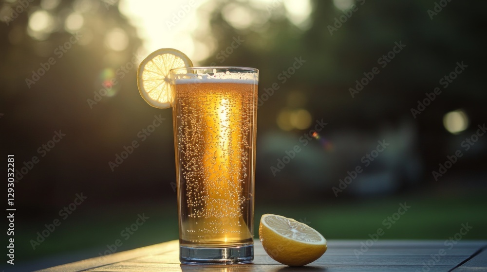 Poster a refreshing lager in a tall glass with bubbles rising to the surface, accompanied by a slice of lem