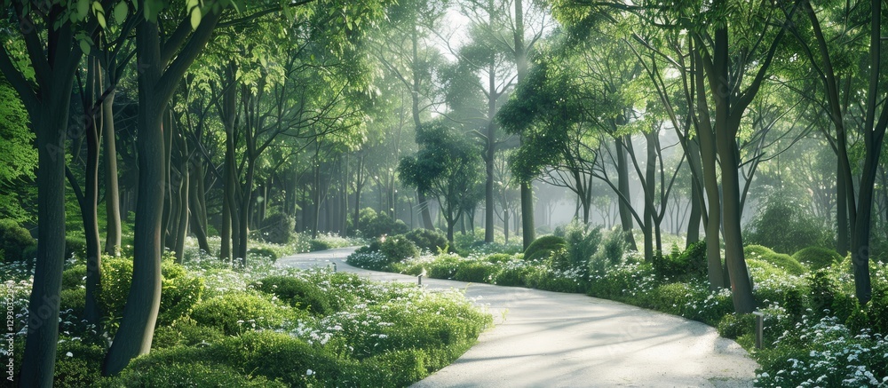 Fototapete serene summer forest scene with lush green trees flanking a white winding path, sunlight filtering t