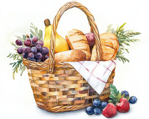 watercolor illustration of basket filled with fresh fruits and bread, showcasing vibrant colors and textures