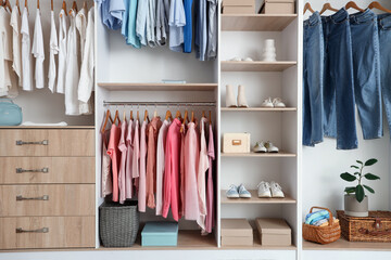 Interior of boutique with trendy clothes, shoes and accessories