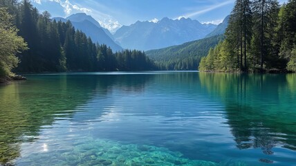 mountain lake surrounded by dense forests and towering peaks